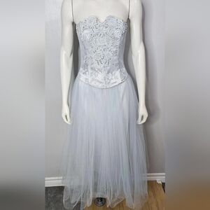 Y2K Gunne Sax Jessica McClintock Icy Blue Embroidered Corset Top And Tulle Skirt